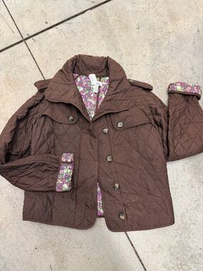 Vtg Lilly Pulitzer Quilted Brown Barn Jacket with Floral Lining Sz XS